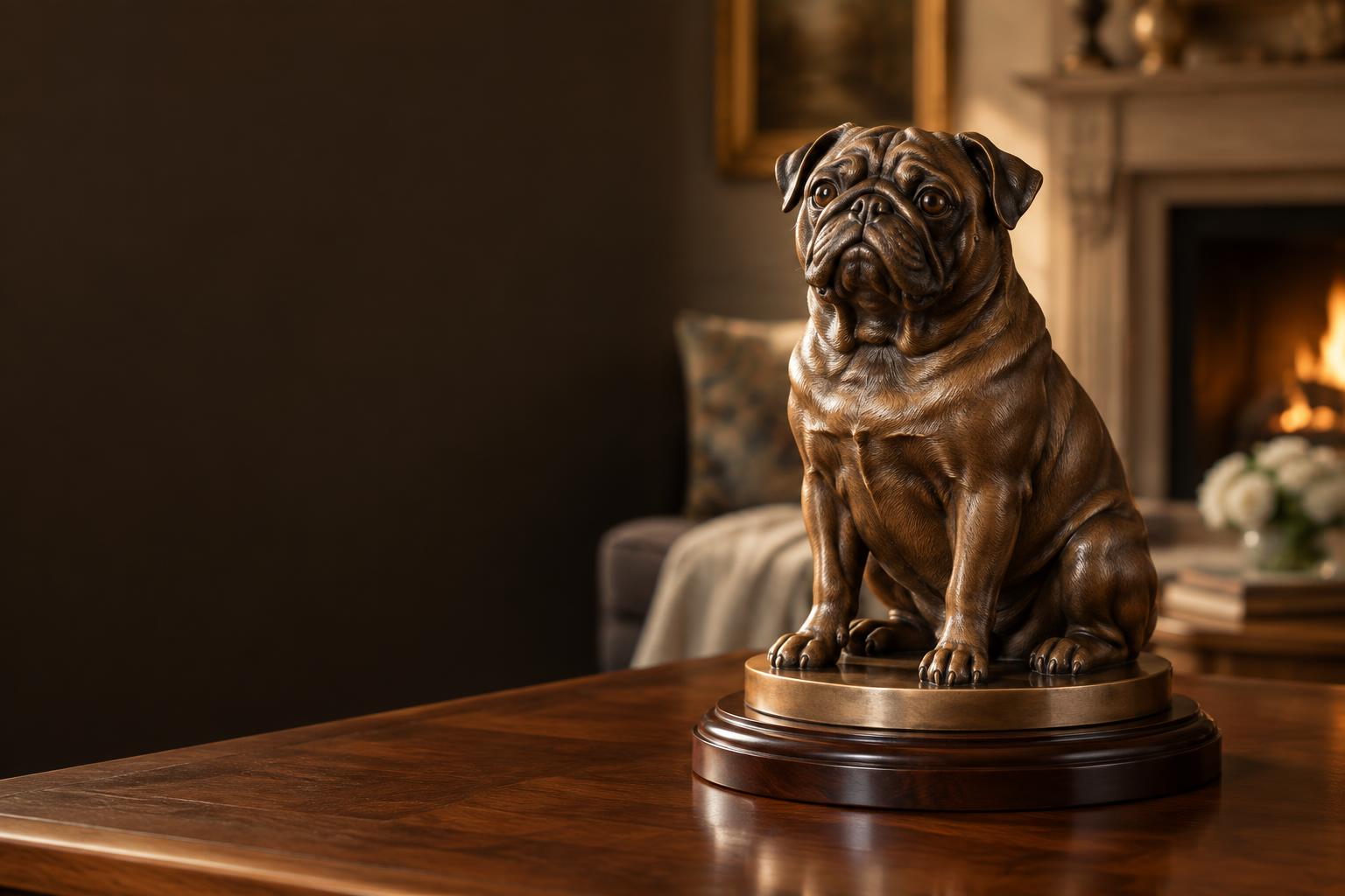 A handcrafted bronze pug memorial sculpture in a warm home