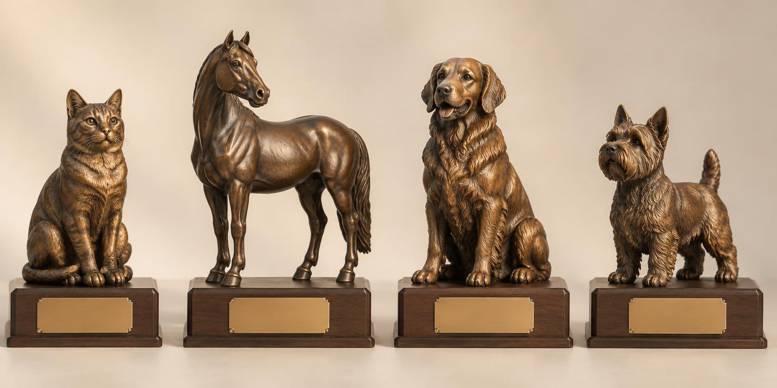 A collection of bronze cat, horse, dog, and terrier memorial sculptures